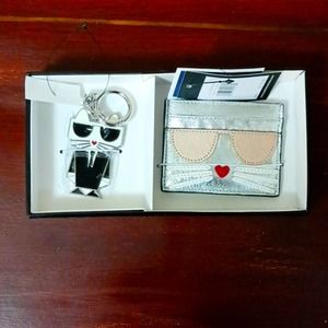 New in Box Karl Lagerfeld Cat Keychain and Silver Card Holder